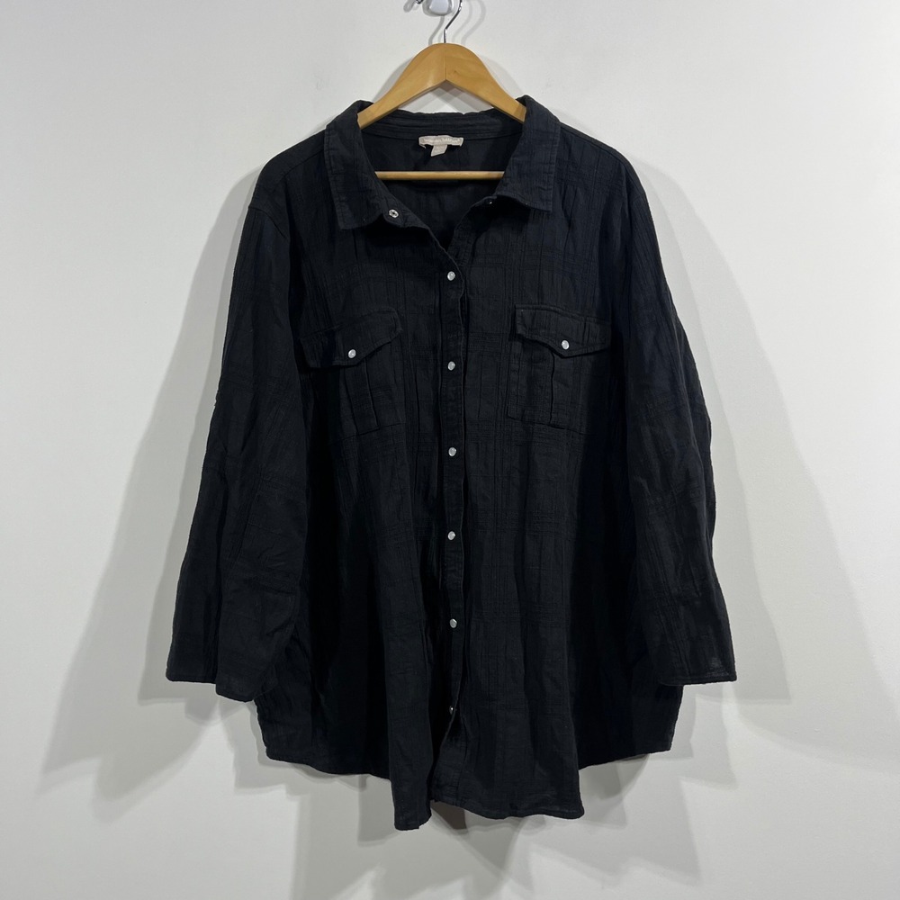 Woman Within Textured Grid Button Down Shirt Long Sleeve Womens 3X Resort Boho